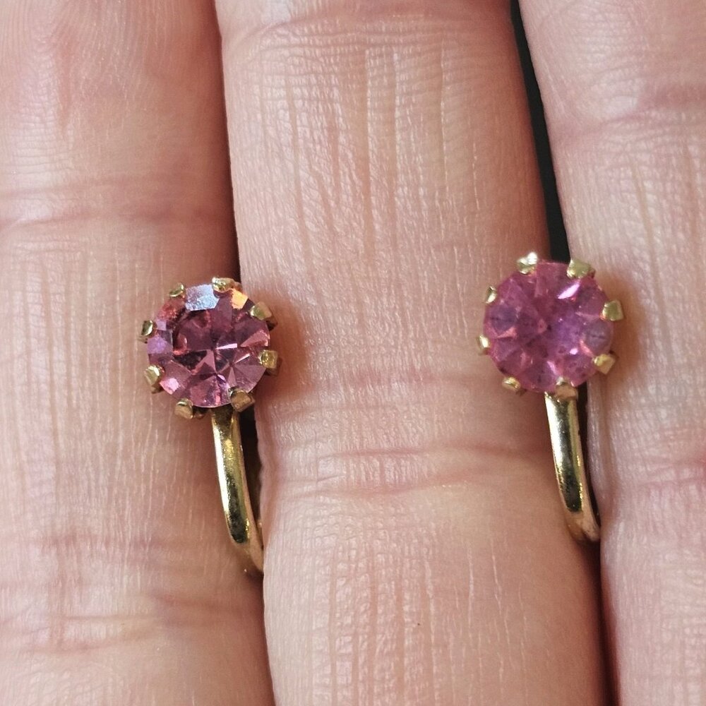 Vintage‎ 60s Pink Topaz Rhinestone Huggies Gold Tone Earrings Screwback